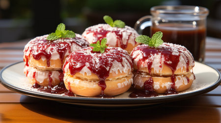 A plate of doughnuts with jam. Generative AI.の素材