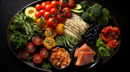 A plate of food with different kinds of food aerial viの素材