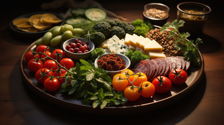 A plate of food with different kinds of food aerial. Generative AI.の素材