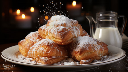 A plate of pastries with powdered sugar. Generative AI.の素材