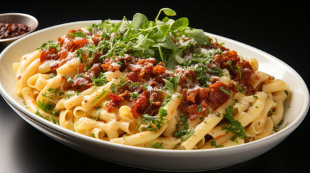 A plate of pasta with bacon and peas. Generative AI.の素材