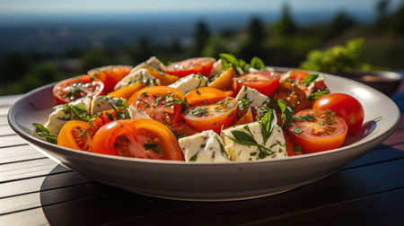 A plate of salad with tomatoes and cheese. Generative AI.の素材