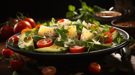 A plate of salad with tomatoes and cheese. Generative AI.の素材