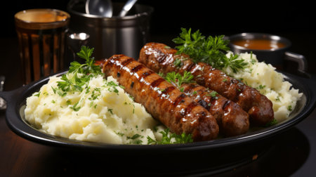 A plate of sausages and mashed potatoes close-up. Generative AI.の素材