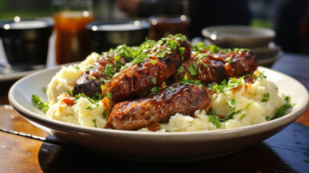 A plate of sausages and mashed potatoes close-up. Generative AI.の素材