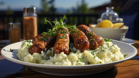 A plate of sausages and mashed potatoes close-up. Generative AI.の素材