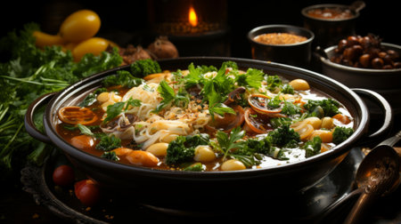 A pot of soup with vegetables and noodles. Generative AI.の素材