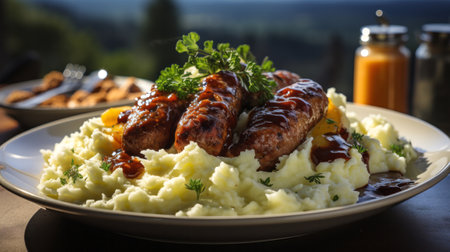 A plate of sausages and mashed potatoes close-up. Generative AI.の素材