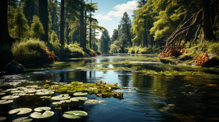 A pond with lily pads and trees. Generative AI.の素材