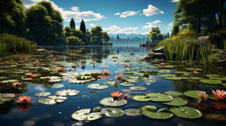 A pond with lily pads and trees. Generative AI.の素材
