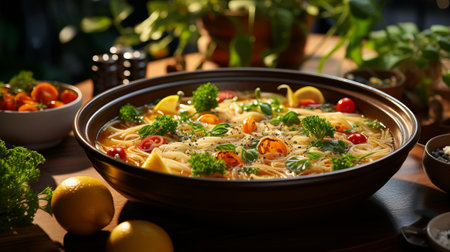 A pot of soup with vegetables and noodles. Generative AI.の素材