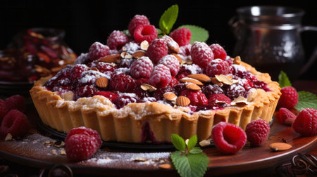 A raspberry pie with almonds. Generative AI.の素材