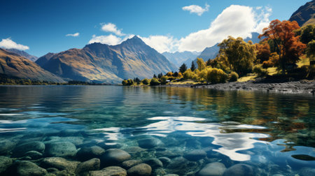 A rainbow over water with mountains and clouds. Generative AI.の素材