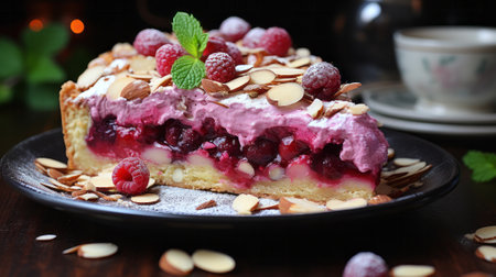 A raspberry pie with almonds. Generative AI.の素材