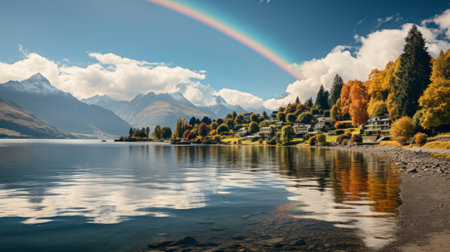 A rainbow over water with mountains and clouds. Generative AI.の素材