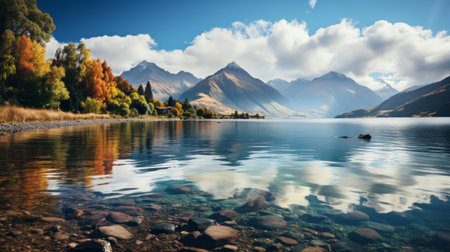 A rainbow over water with mountains and clouds . Creatの素材