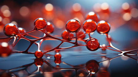 A red molecule structure with many spheres. Generative AI.の素材