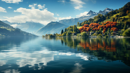 A rainbow over water with mountains and clouds. Generative AI.の素材