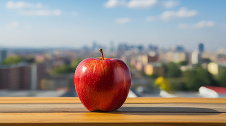 A red and yellow apple and colored pencils on a woodenの素材