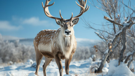 A reindeer standing in the snow. Generative AI.の素材