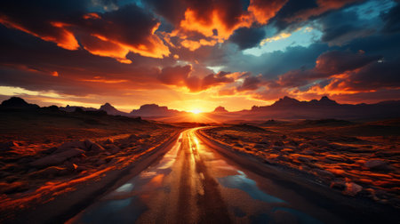 A road leading to a sunset. Generative AI.の素材