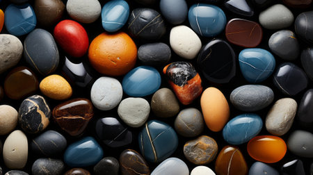 A rocky beach with many round stonesの素材