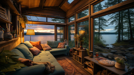 A room with a view of the water Tiny house. Generative AI.の素材