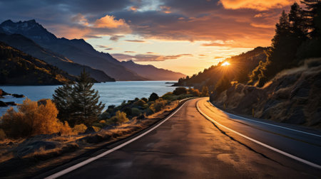 A road leading to a sunset. Generative AI.の素材