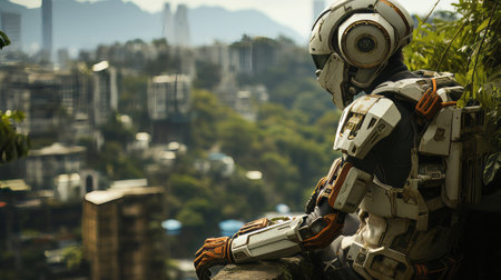 A robot on a ledge overlooking a city. Generative AI.の素材