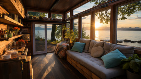 A room with a view of the water Tiny house. Generative AI.の素材
