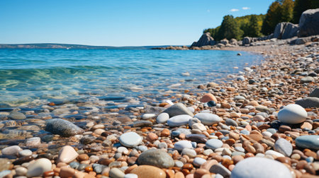 A rocky beach with many round stones. Generative AI.の素材