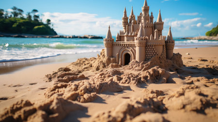 A sand castle on a beach . Create a captivating 8k Hypの素材