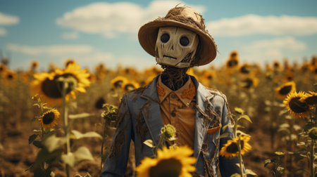 A scarecrow in a field of sunflowers. Generative AI.の素材