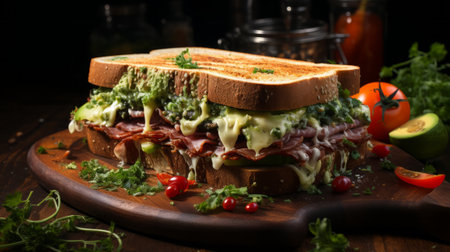 A sandwich with meat and vegetables on a wooden surface. Generative AI.の素材