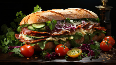 A sandwich with meat and vegetables on a wooden surface. Generative AI.の素材