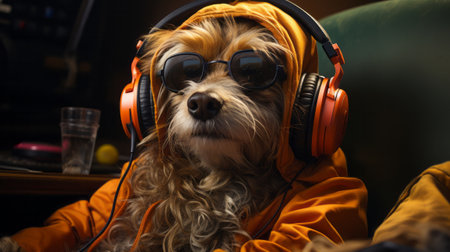 A seated dog wearing headphones close-up. Generative AI.の素材