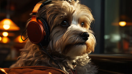 A seated dog wearing headphones close-up. Generative AI.の素材