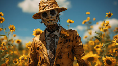 A scarecrow in a field of sunflowers. Generative AI.の素材