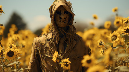 A scarecrow in a field of sunflowers. Generative AI.の素材