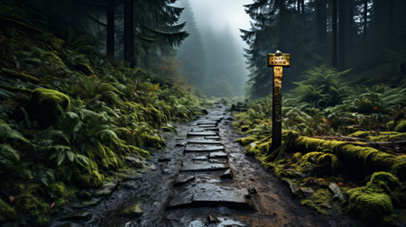 A sign on a trail in a foggy forest. Generative AI.の素材