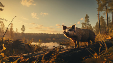 A silhouette of a pig in the wild. Generative AI.の素材