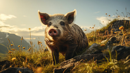 A silhouette of a pig in the wild. Generative AI.の素材