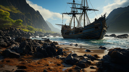 A shipwreck on a beach. Generative AI.の素材