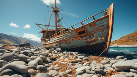 A shipwreck on a beach . Create a captivating 8k Hyperの素材