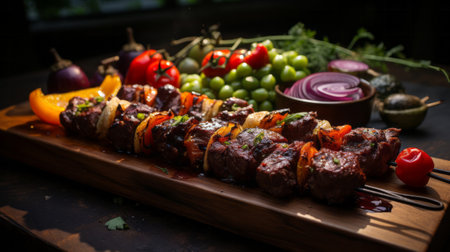 A skewers of meat and vegetables on a wooden board. Generative AI.の素材