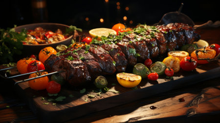 A skewers of meat and vegetables on a wooden board. Generative AI.の素材