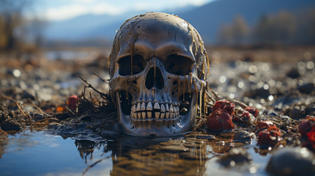 A skull on the ground. Generative AI.の素材