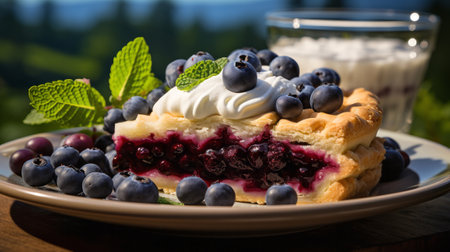 A slice of blueberry pie on a plate. Generative AI.の素材