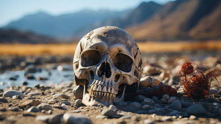 A skull on the ground . Create a captivating 8k Hyperの素材