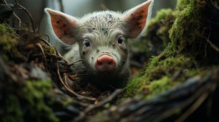 A small pig in the woods. Generative AI.の素材